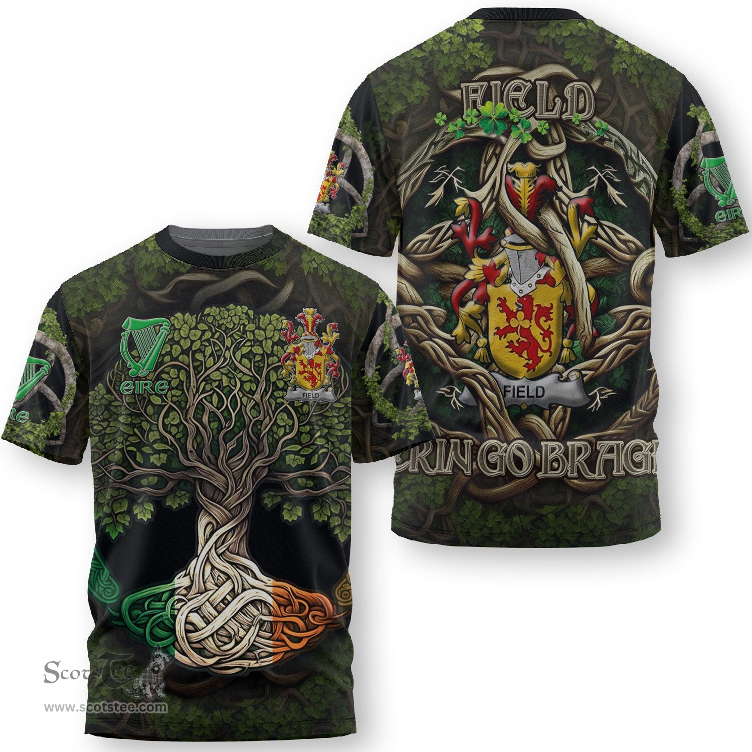 ScotsTee Shop Irish Field Coat of Arms Irish T Shirt Family Crest Irish Is My Root T Shirt