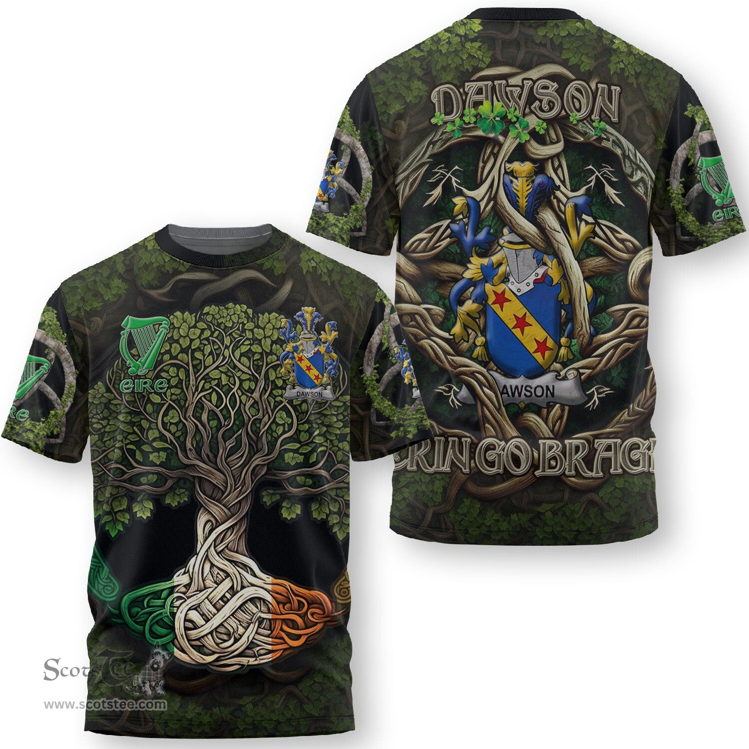 ScotsTee Shop Irish Dawson Coat of Arms Irish T Shirt Family Crest Irish Is My Root T Shirt