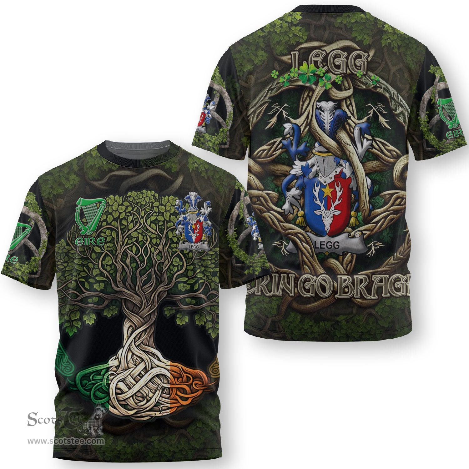ScotsTee Shop Irish Legg or Legge Coat of Arms Irish T Shirt Family Crest Irish Is My Root T Shirt