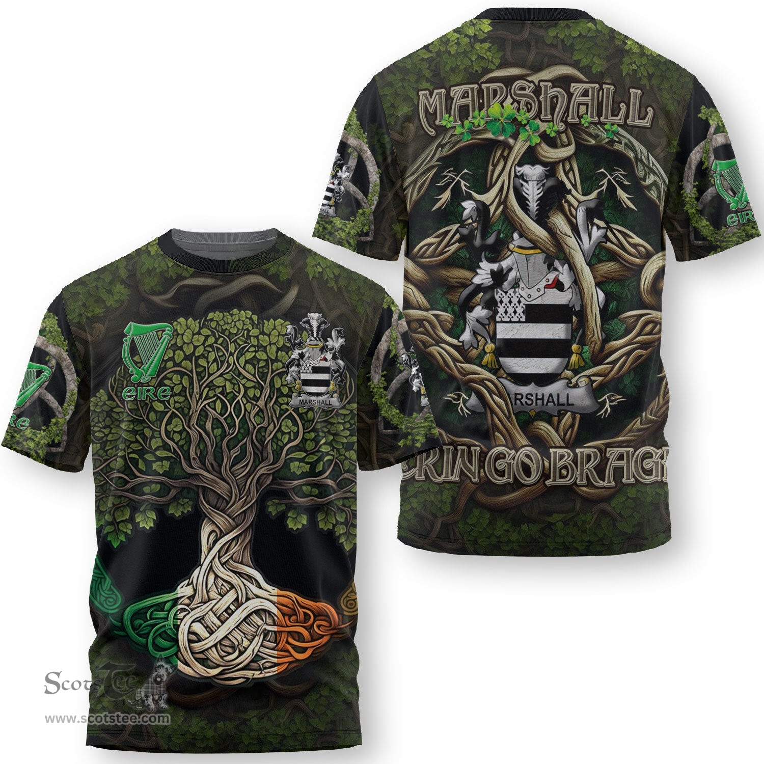 ScotsTee Shop Irish Marshall Coat of Arms Irish T Shirt Family Crest Irish Is My Root T Shirt