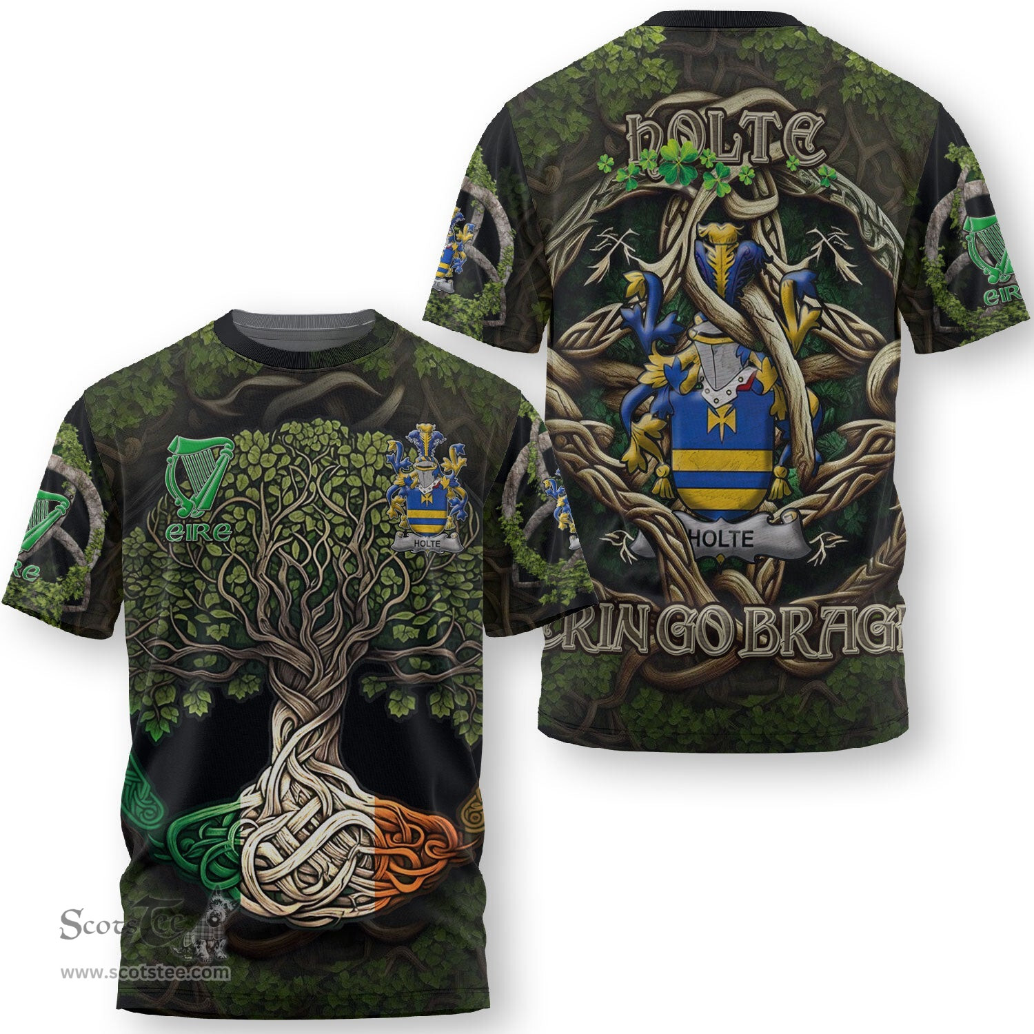 ScotsTee Shop Irish Holte or Holt Coat of Arms Irish T Shirt Family Crest Irish Is My Root T Shirt