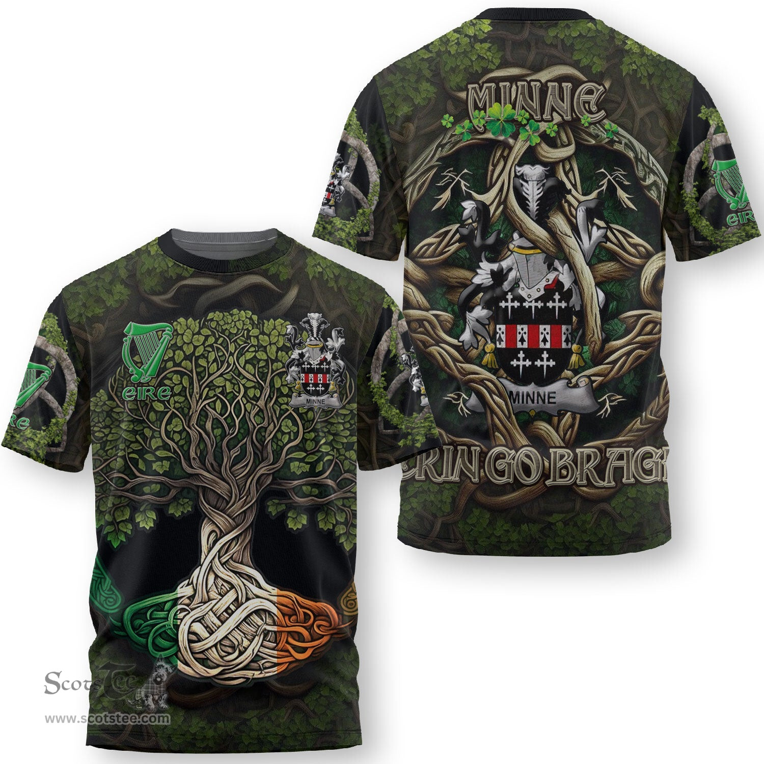 ScotsTee Shop Irish Minne Coat of Arms Irish T Shirt Family Crest Irish Is My Root T Shirt