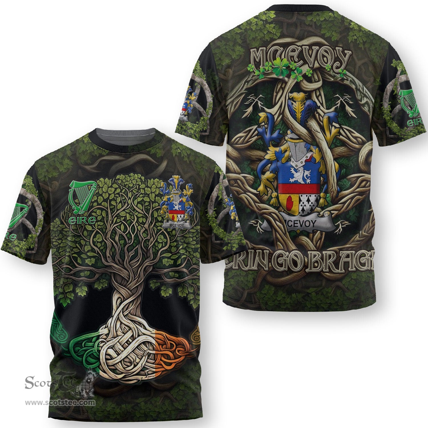 ScotsTee Shop Irish McEvoy or McKelvey Coat of Arms Irish T Shirt Family Crest Irish Is My Root T Shirt