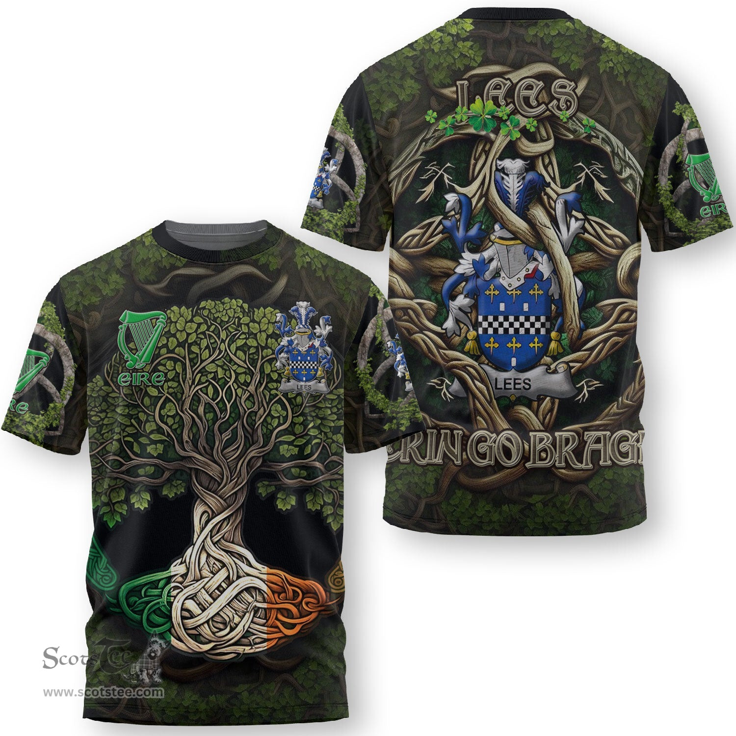 ScotsTee Shop Irish Lees or McAleese Coat of Arms Irish T Shirt Family Crest Irish Is My Root T Shirt
