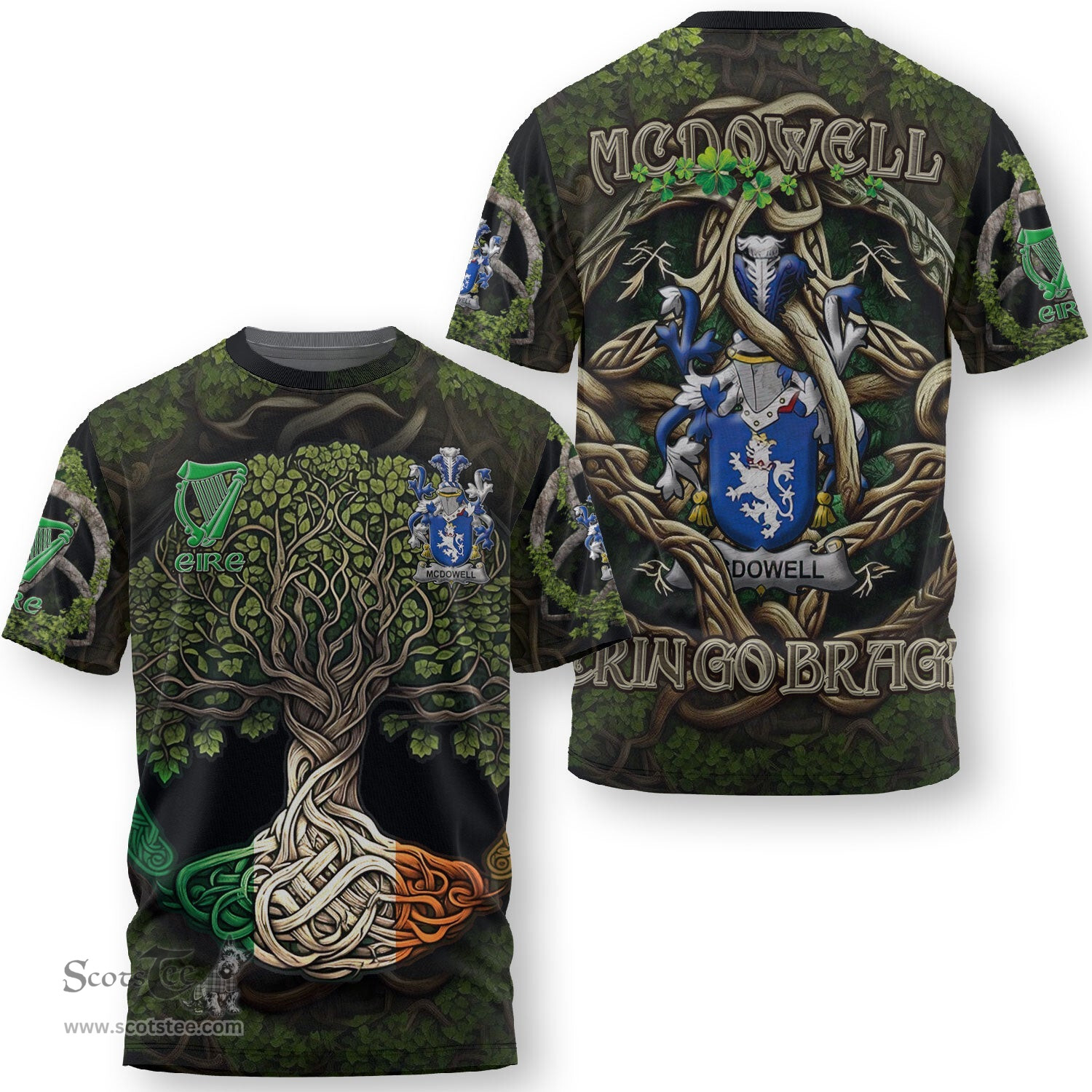ScotsTee Shop Irish McDowell Coat of Arms Irish T Shirt Family Crest Irish Is My Root T Shirt