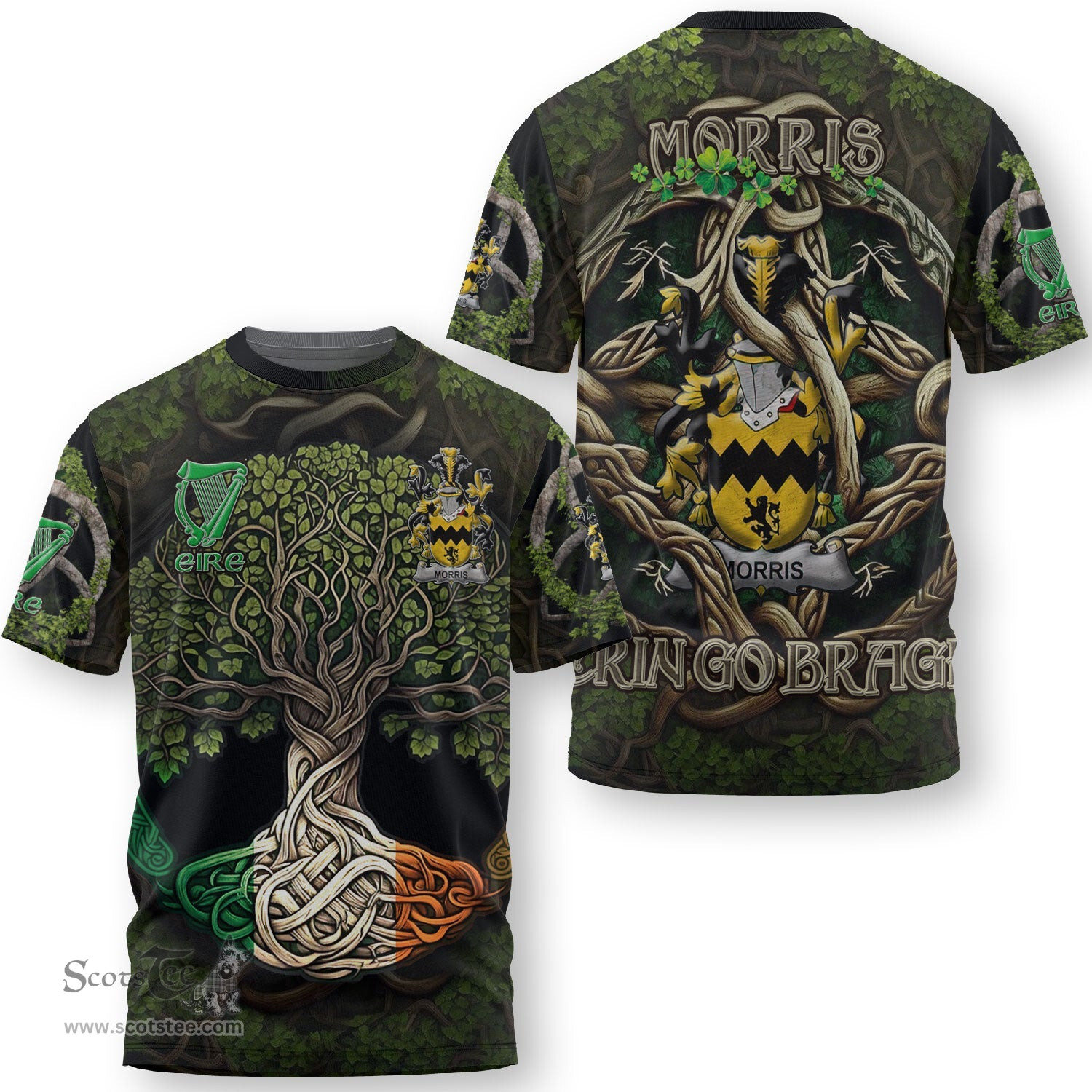 ScotsTee Shop Irish Morris Coat of Arms Irish T Shirt Family Crest Irish Is My Root T Shirt