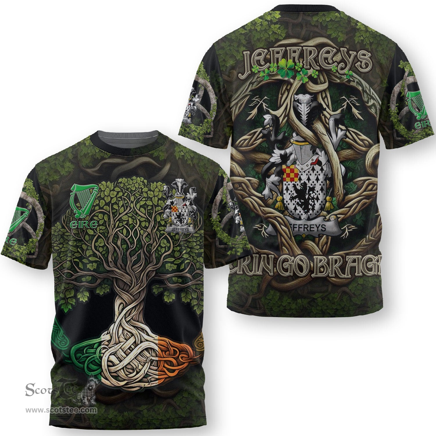 ScotsTee Shop Irish Jeffreys Coat of Arms Irish T Shirt Family Crest Irish Is My Root T Shirt