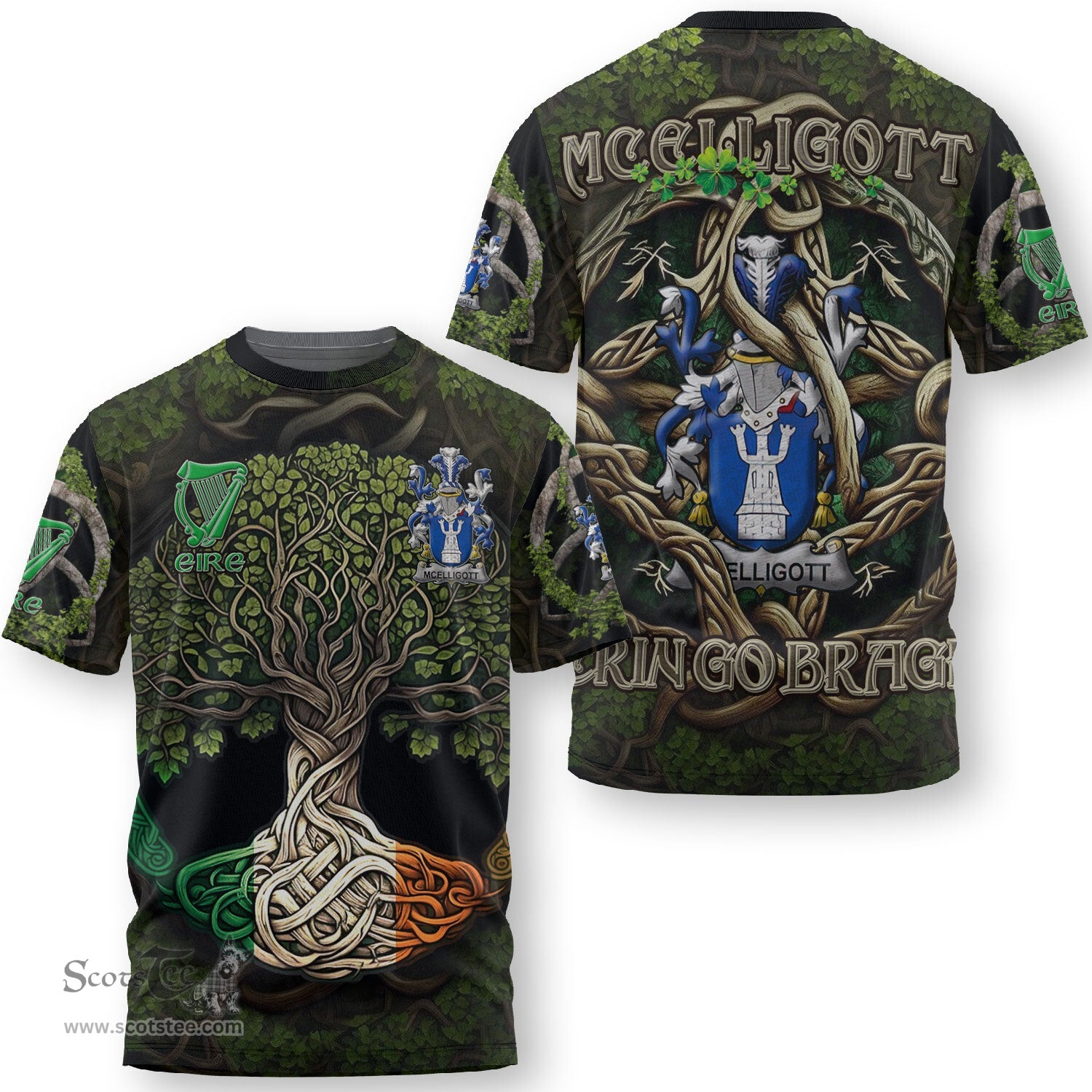 ScotsTee Shop Irish McElligott Coat of Arms Irish T Shirt Family Crest Irish Is My Root T Shirt