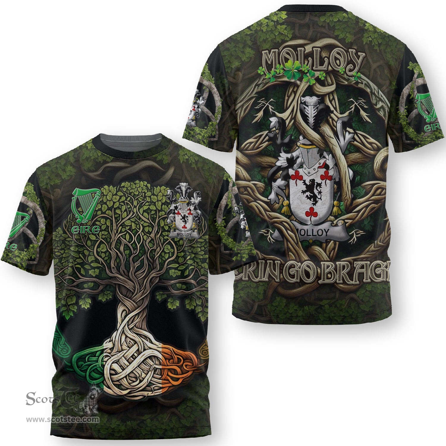 ScotsTee Shop Irish Molloy or O Mulloy Coat of Arms Irish T Shirt Family Crest Irish Is My Root T Shirt
