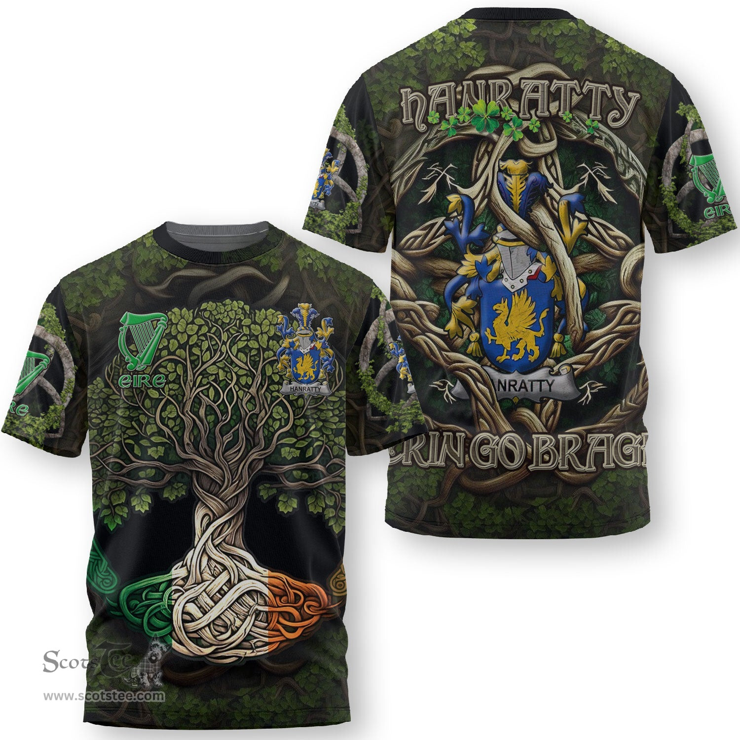 ScotsTee Shop Irish Hanratty or O Hanraghty Coat of Arms Irish T Shirt Family Crest Irish Is My Root T Shirt
