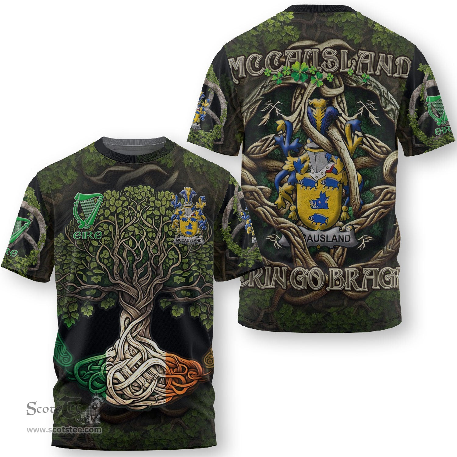ScotsTee Shop Irish McCausland Coat of Arms Irish T Shirt Family Crest Irish Is My Root T Shirt