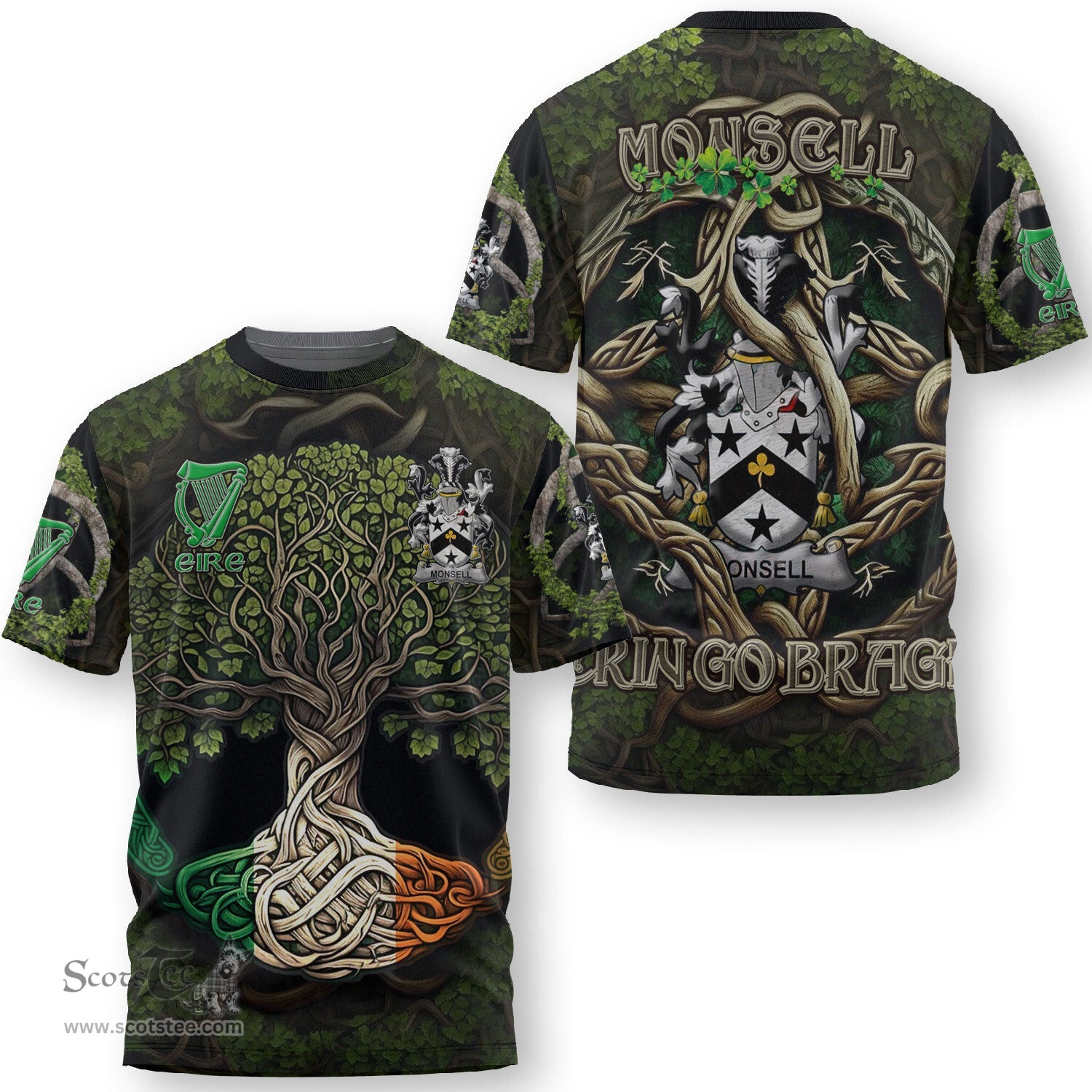 ScotsTee Shop Irish Monsell Coat of Arms Irish T Shirt Family Crest Irish Is My Root T Shirt