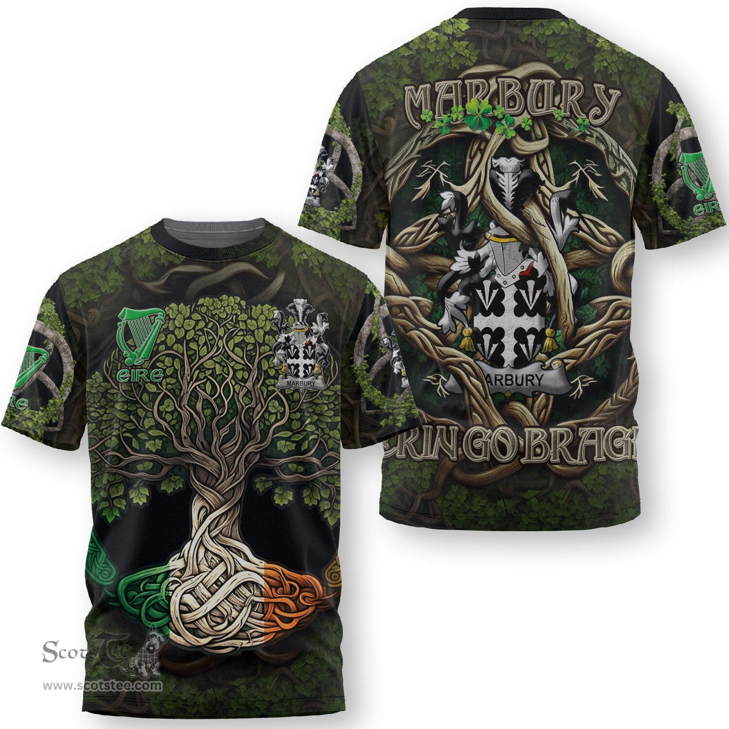 ScotsTee Shop Irish Marbury or Maybery Coat of Arms Irish T Shirt Family Crest Irish Is My Root T Shirt