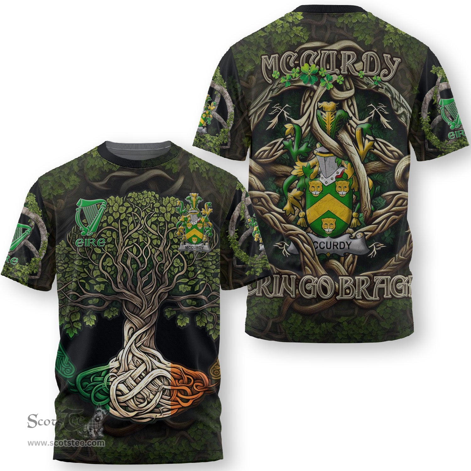 ScotsTee Shop Irish McCurdy or Curdy Coat of Arms Irish T Shirt Family Crest Irish Is My Root T Shirt