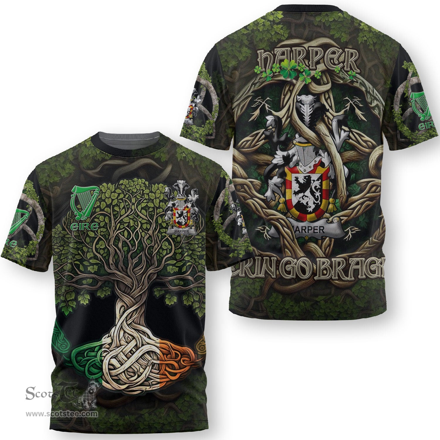 ScotsTee Shop Irish Harper Coat of Arms Irish T Shirt Family Crest Irish Is My Root T Shirt