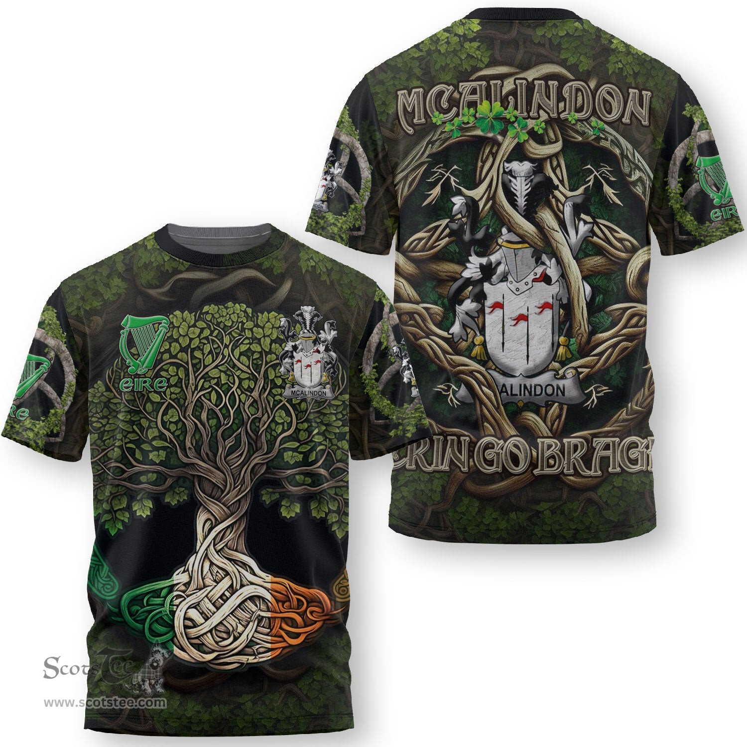 ScotsTee Shop Irish McAlindon or McAlindem Coat of Arms Irish T Shirt Family Crest Irish Is My Root T Shirt
