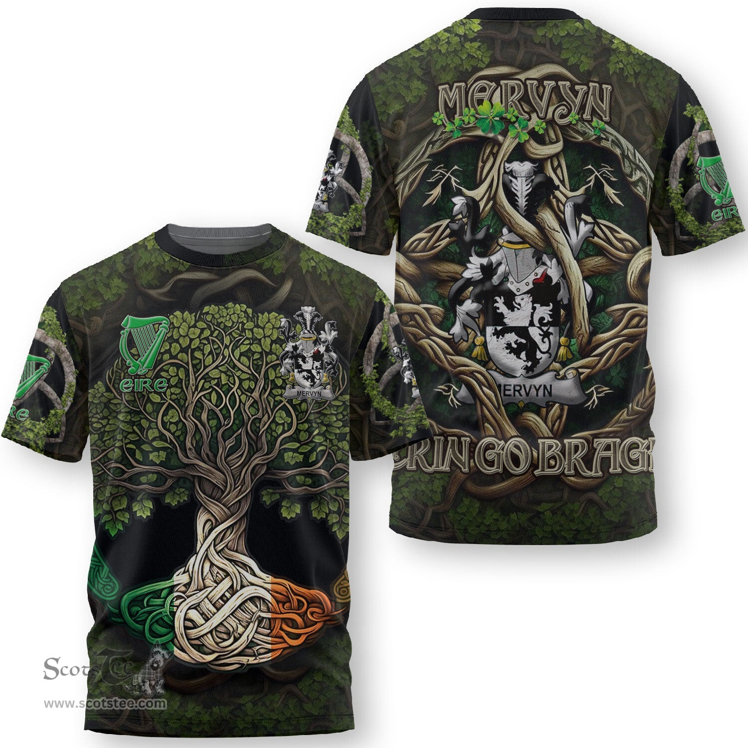 ScotsTee Shop Irish Mervyn Coat of Arms Irish T Shirt Family Crest Irish Is My Root T Shirt