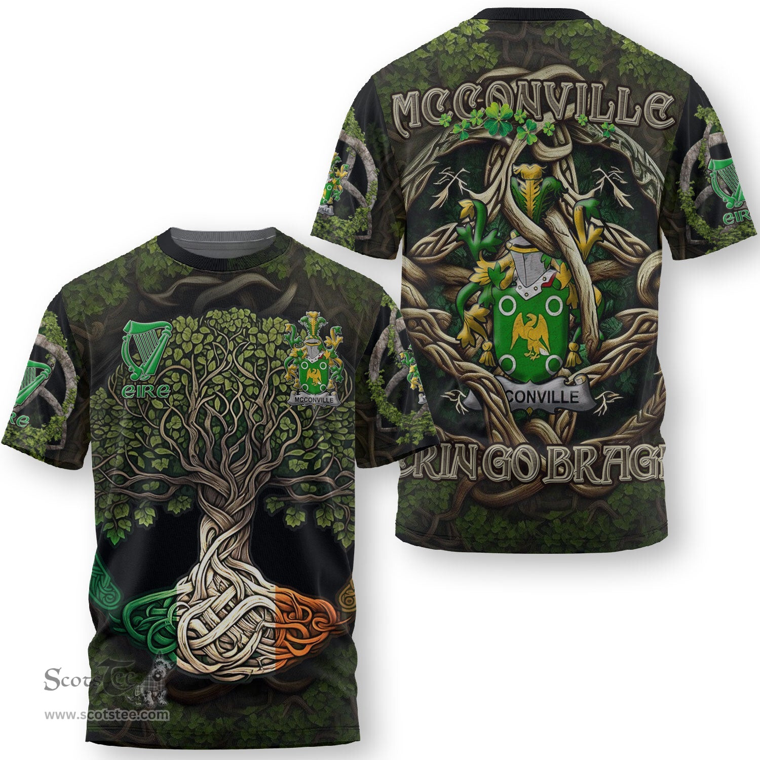 ScotsTee Shop Irish McConville Coat of Arms Irish T Shirt Family Crest Irish Is My Root T Shirt
