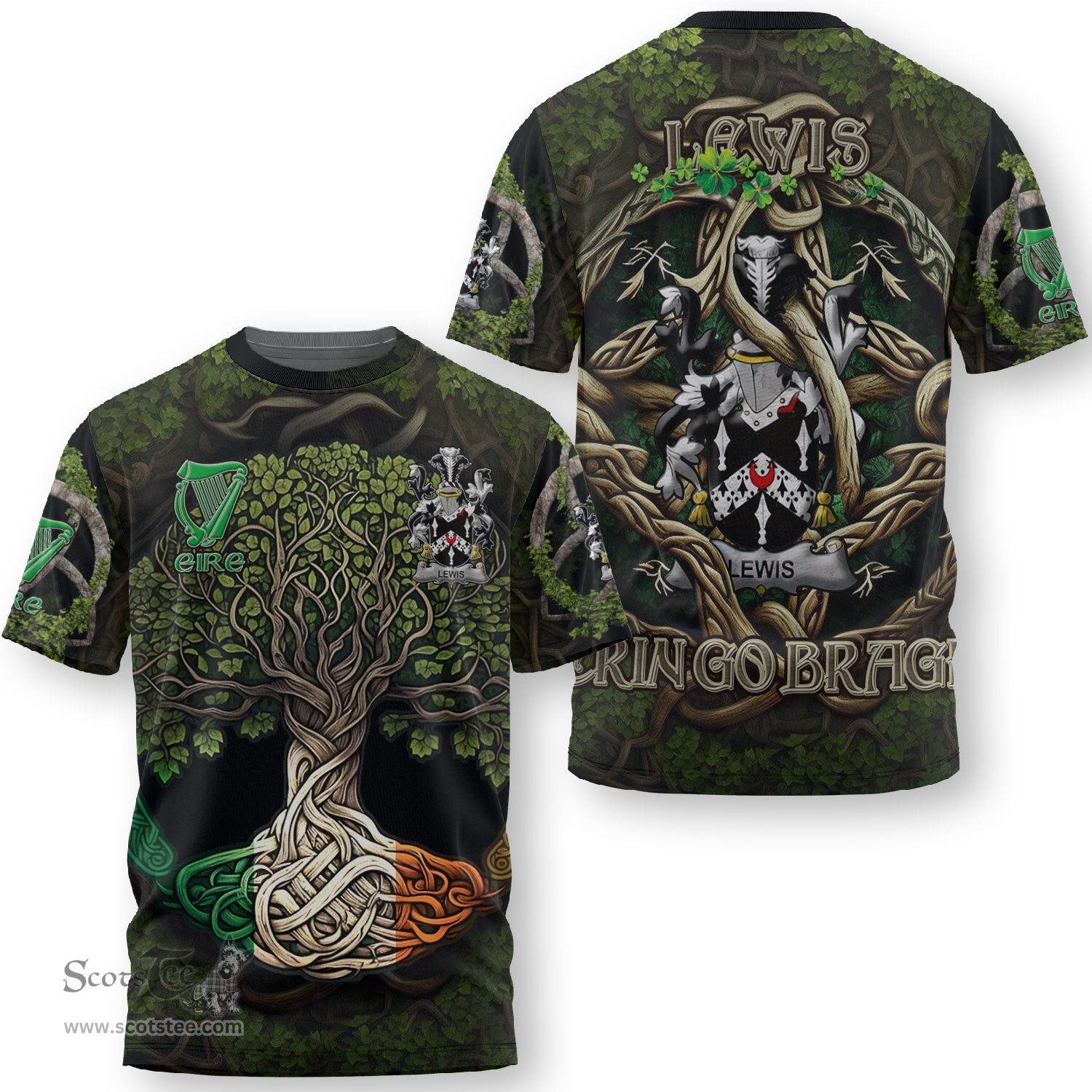 ScotsTee Shop Irish Lewis Coat of Arms Irish T Shirt Family Crest Irish Is My Root T Shirt
