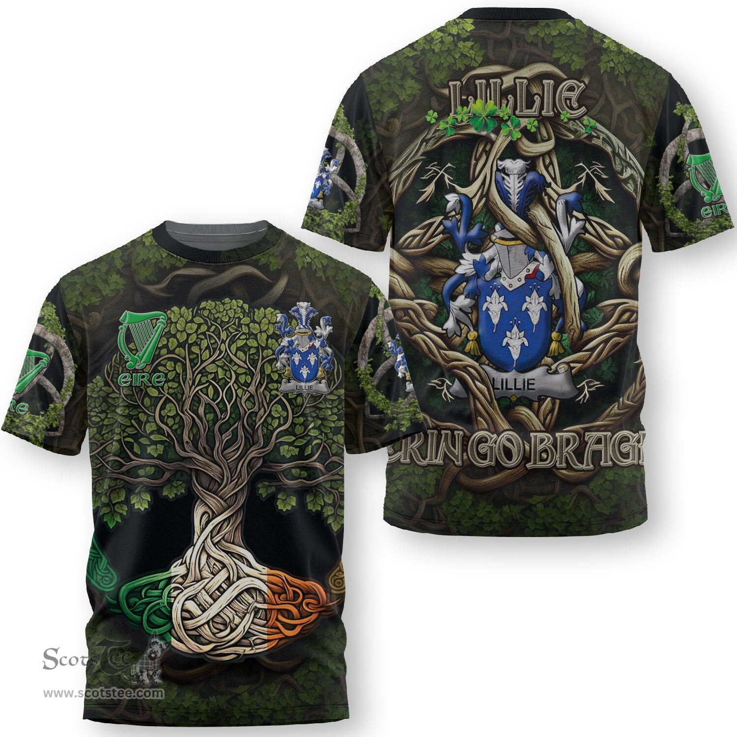 ScotsTee Shop Irish Lillie or MacLilly Coat of Arms Irish T Shirt Family Crest Irish Is My Root T Shirt