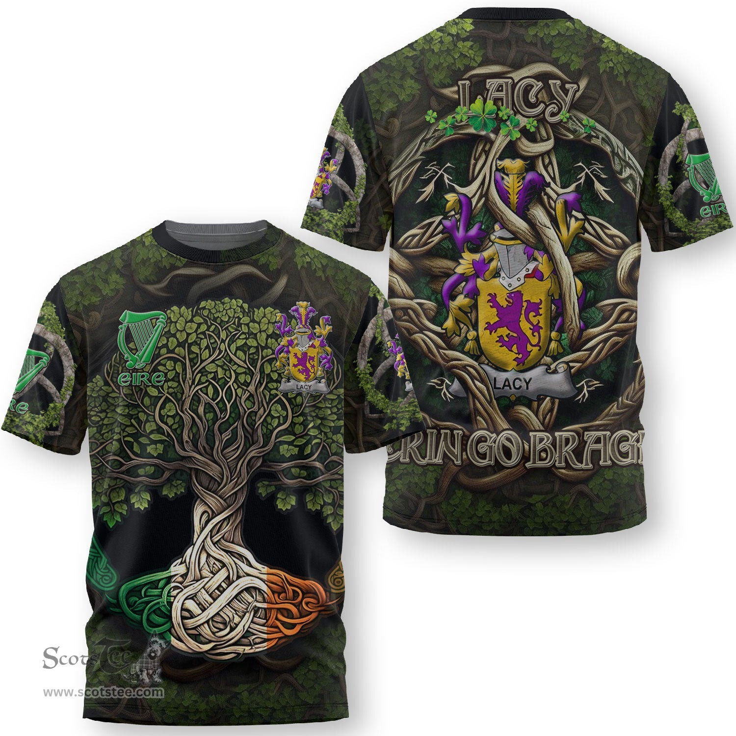 ScotsTee Shop Irish Lacy or De Lacy Coat of Arms Irish T Shirt Family Crest Irish Is My Root T Shirt