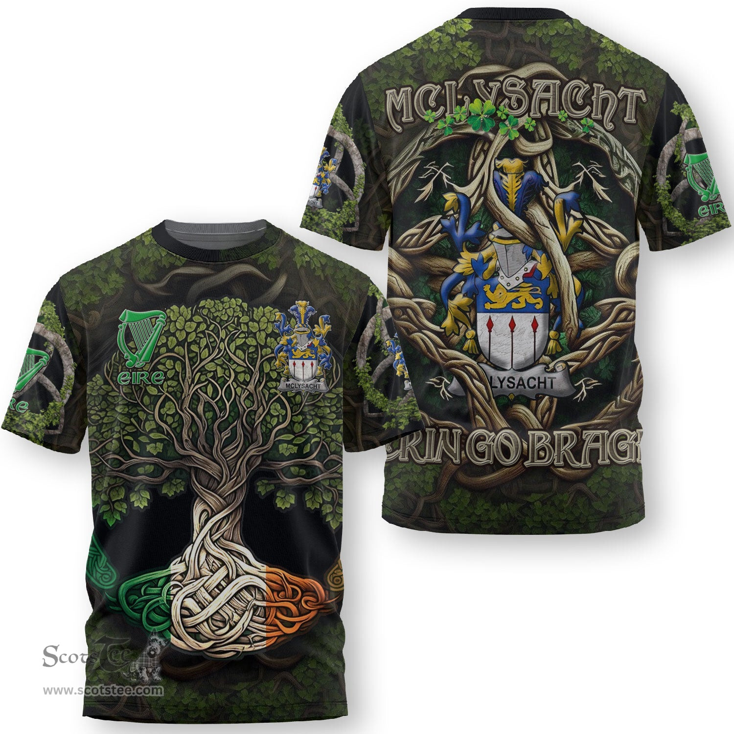 ScotsTee Shop Irish McLysacht or Lysacht Coat of Arms Irish T Shirt Family Crest Irish Is My Root T Shirt