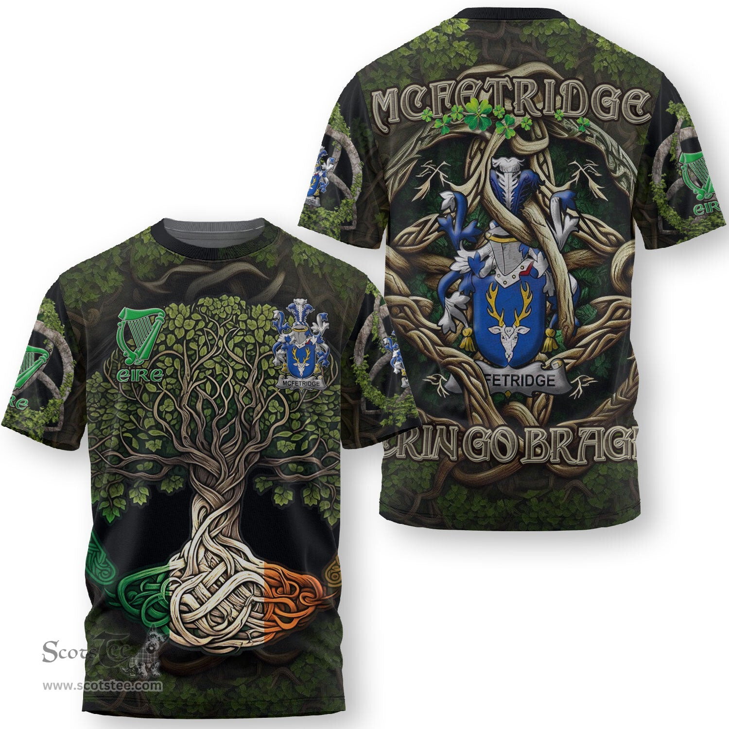 ScotsTee Shop Irish McFetridge Coat of Arms Irish T Shirt Family Crest Irish Is My Root T Shirt