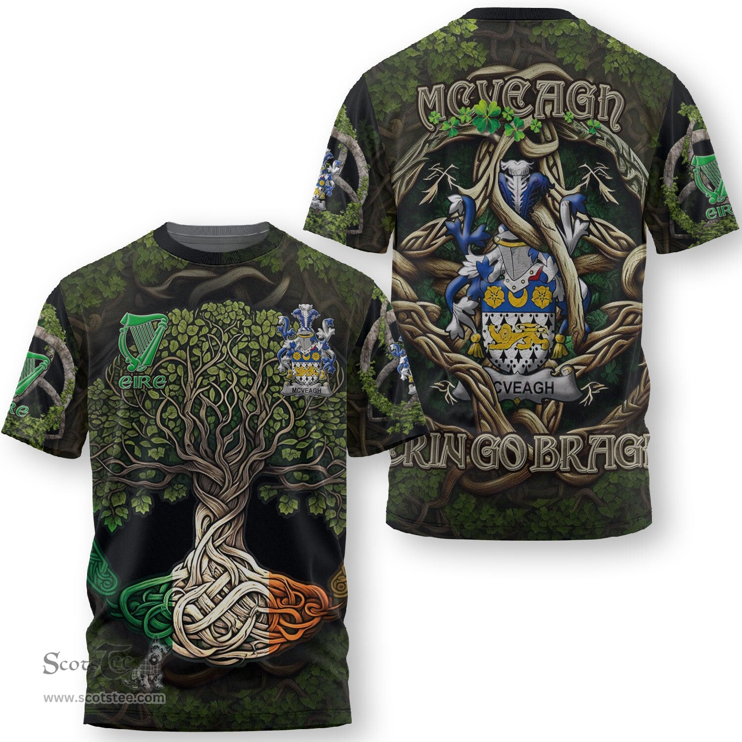ScotsTee Shop Irish McVeagh or McFingah Coat of Arms Irish T Shirt Family Crest Irish Is My Root T Shirt
