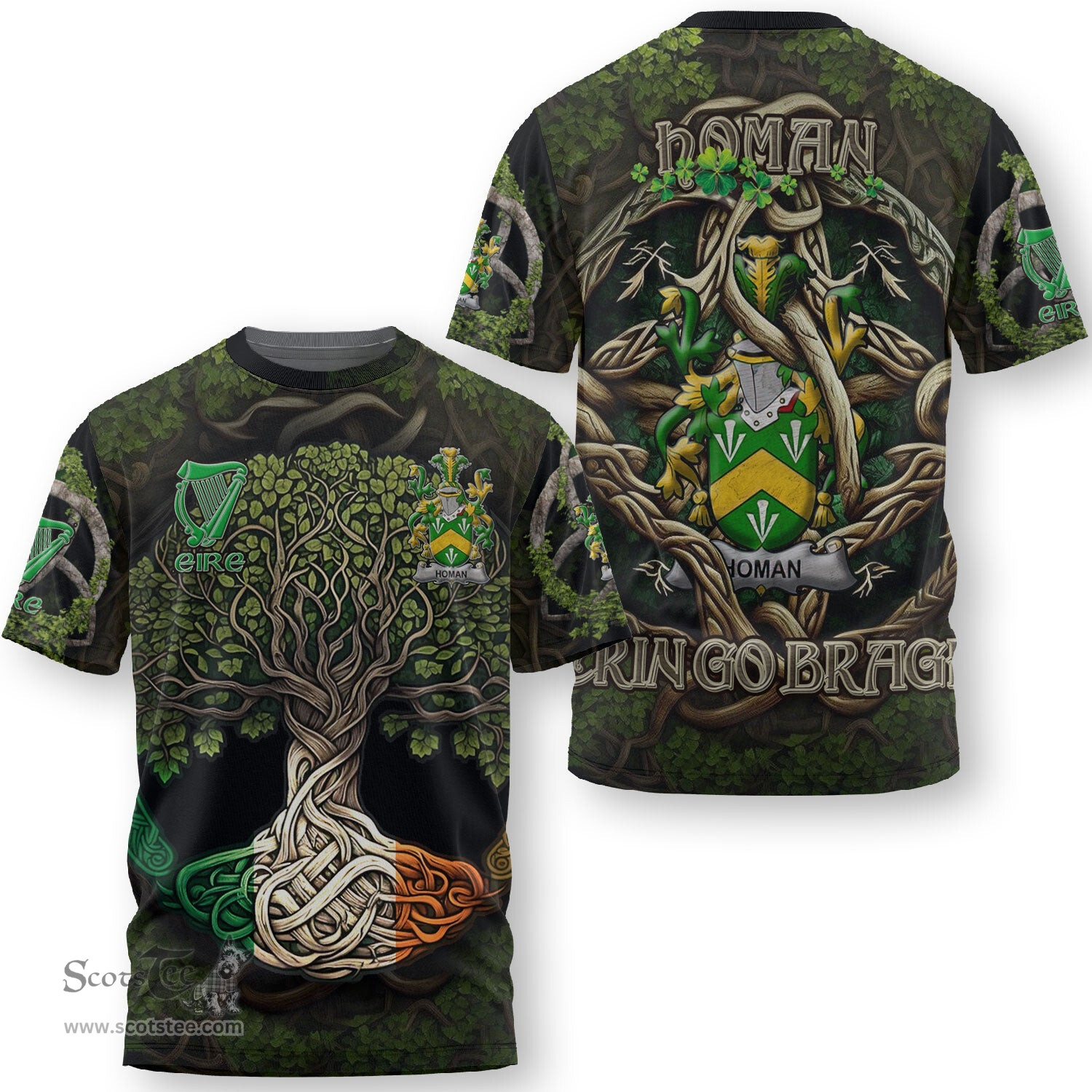 ScotsTee Shop Irish Homan or Howman Coat of Arms Irish T Shirt Family Crest Irish Is My Root T Shirt