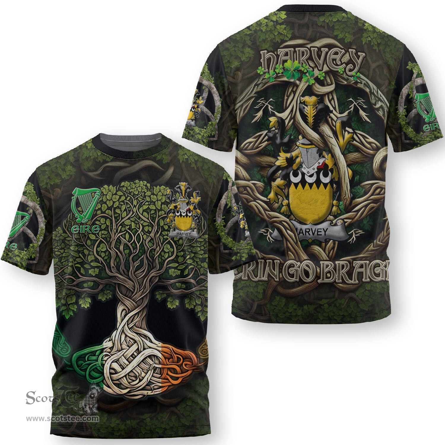 ScotsTee Shop Irish Harvey or Hervey Coat of Arms Irish T Shirt Family Crest Irish Is My Root T Shirt