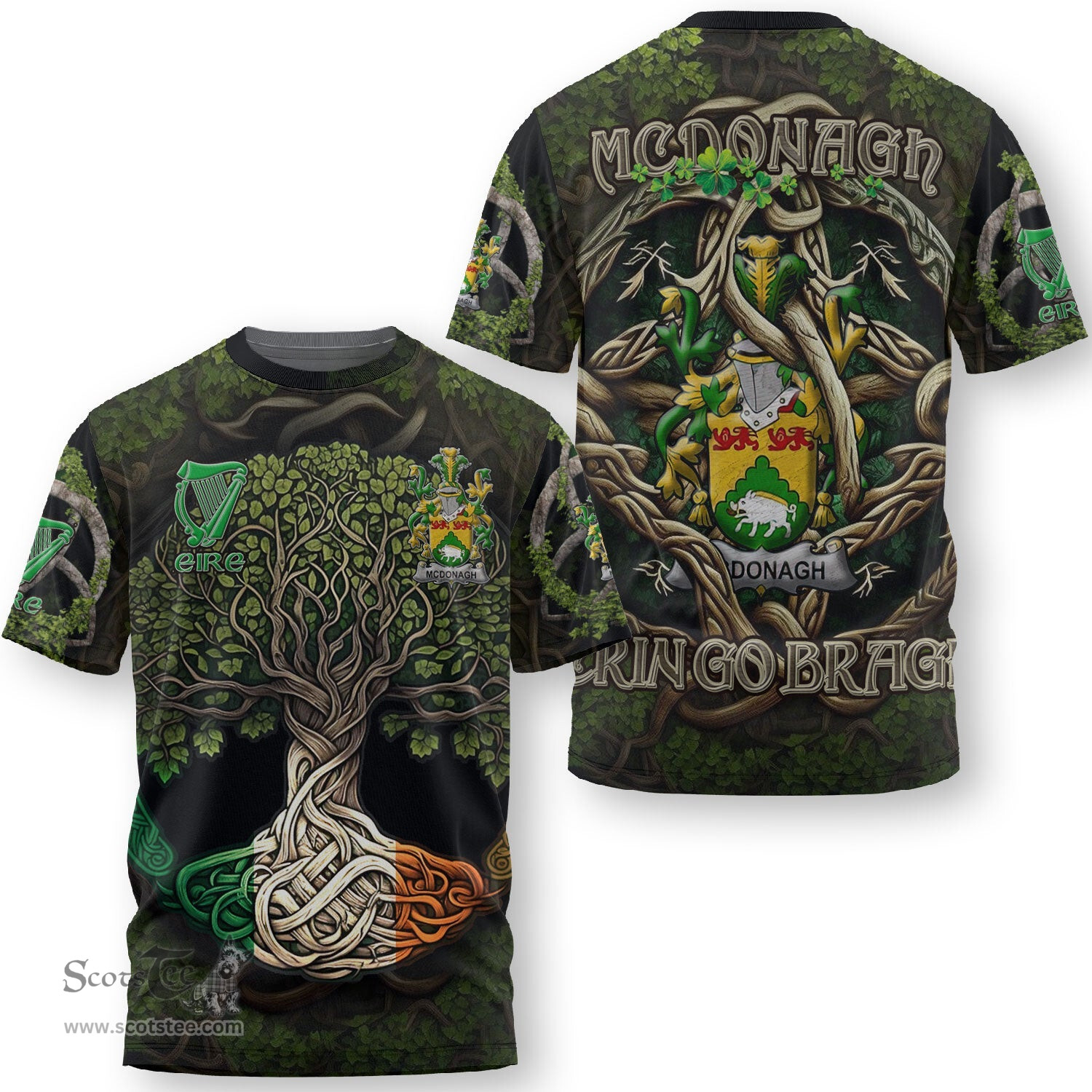 ScotsTee Shop Irish McDonagh or McDonogh Coat of Arms Irish T Shirt Family Crest Irish Is My Root T Shirt