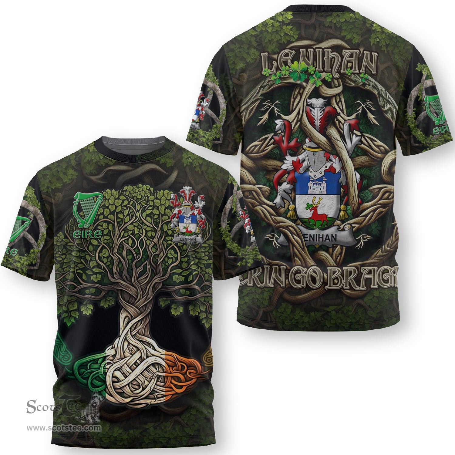 ScotsTee Shop Irish Lenihan or O Lenaghan Coat of Arms Irish T Shirt Family Crest Irish Is My Root T Shirt