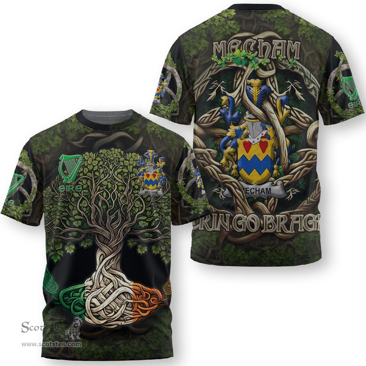 ScotsTee Shop Irish Mecham Coat of Arms Irish T Shirt Family Crest Irish Is My Root T Shirt