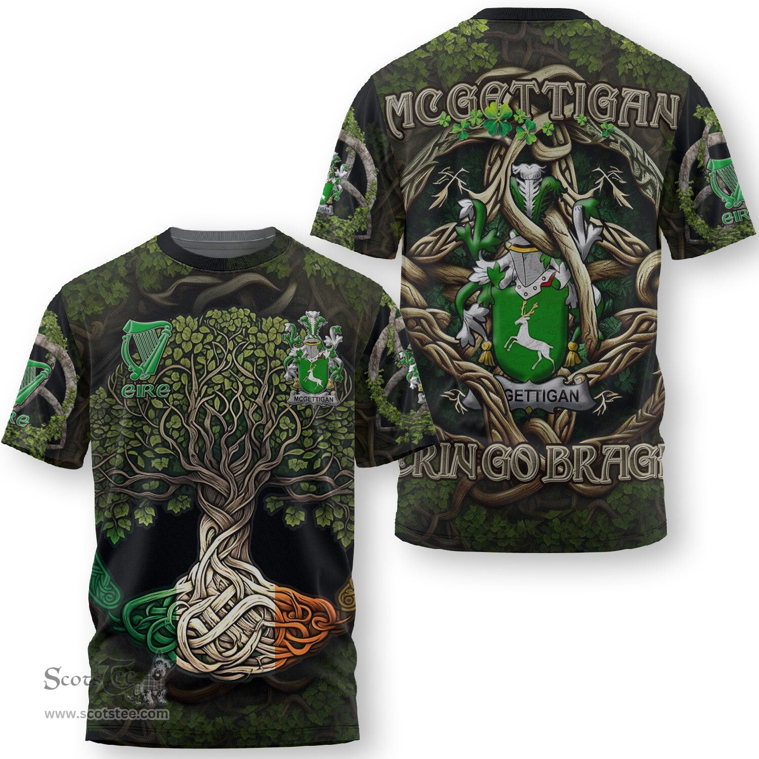 ScotsTee Shop Irish McGettigan or Gethin Coat of Arms Irish T Shirt Family Crest Irish Is My Root T Shirt
