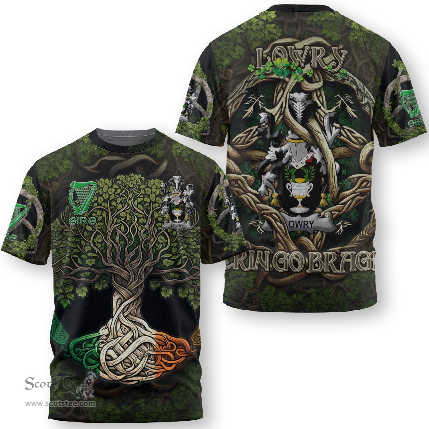 ScotsTee Shop Irish Lowry or Lavery Coat of Arms Irish T Shirt Family Crest Irish Is My Root T Shirt