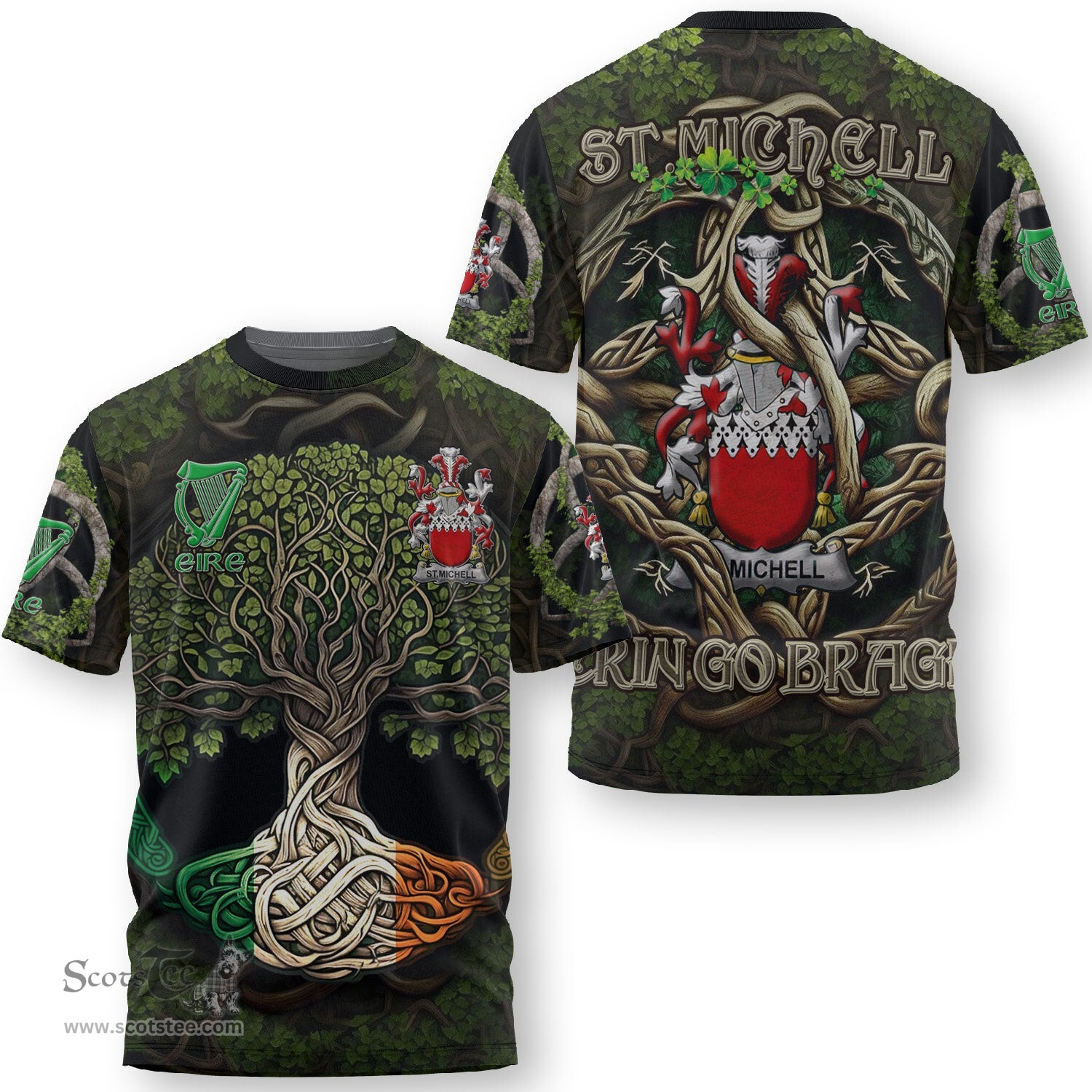 ScotsTee Shop Irish St Michell Coat of Arms Irish T Shirt Family Crest Irish Is My Root T Shirt