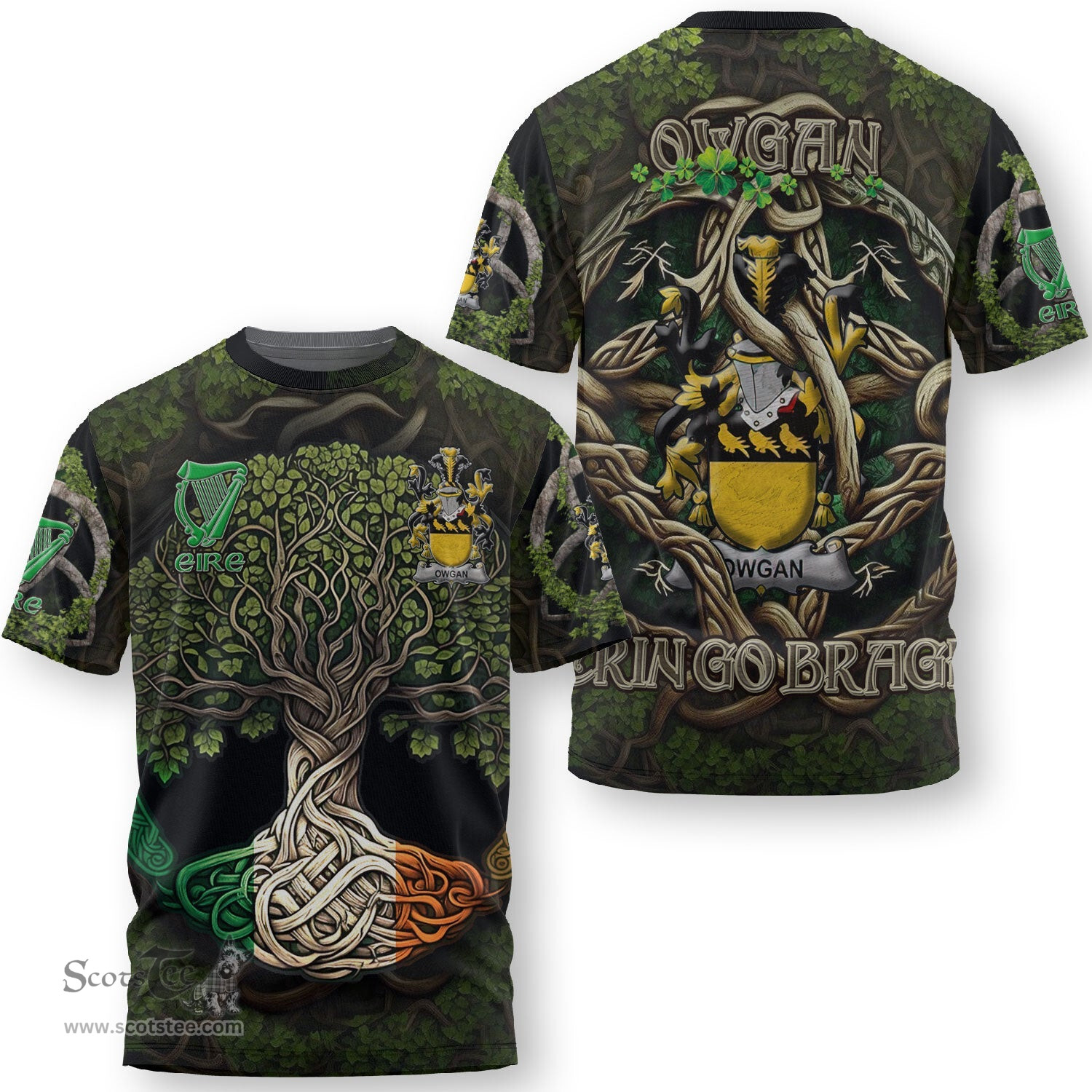 ScotsTee Shop Irish Owgan Coat of Arms Irish T Shirt Family Crest Irish Is My Root T Shirt