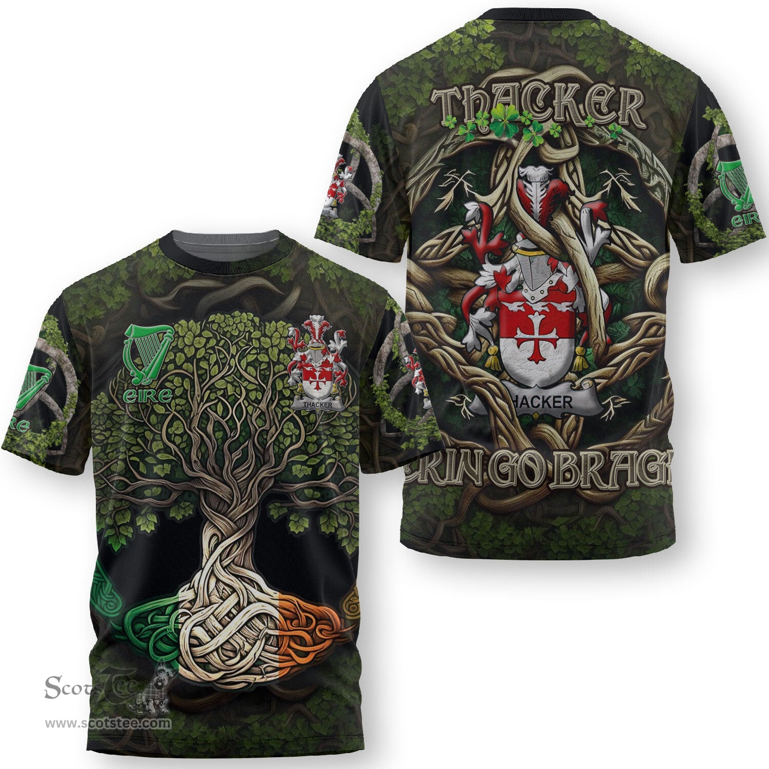 ScotsTee Shop Irish Thacker Coat of Arms Irish T Shirt Family Crest Irish Is My Root T Shirt
