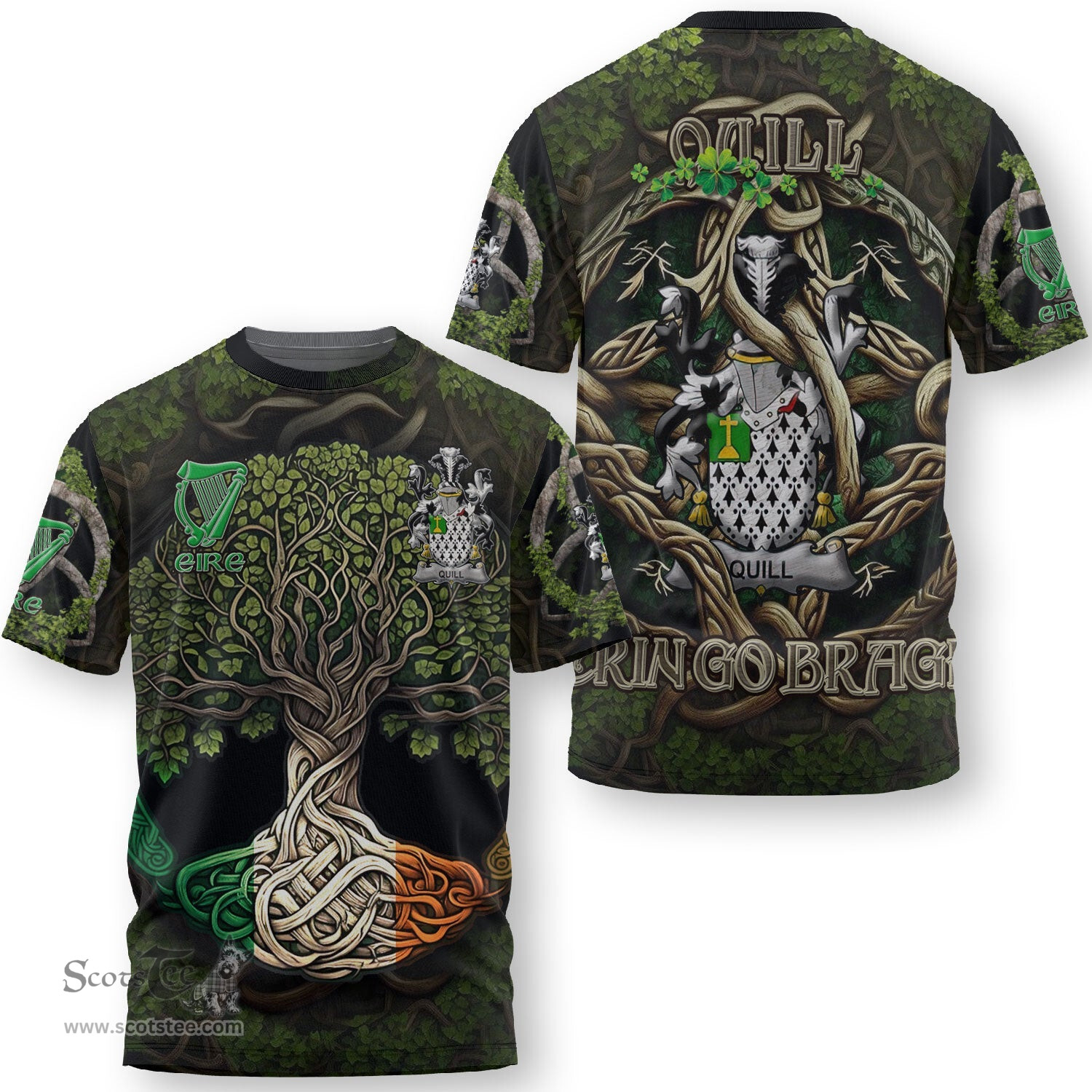 ScotsTee Shop Irish Quill Coat of Arms Irish T Shirt Family Crest Irish Is My Root T Shirt