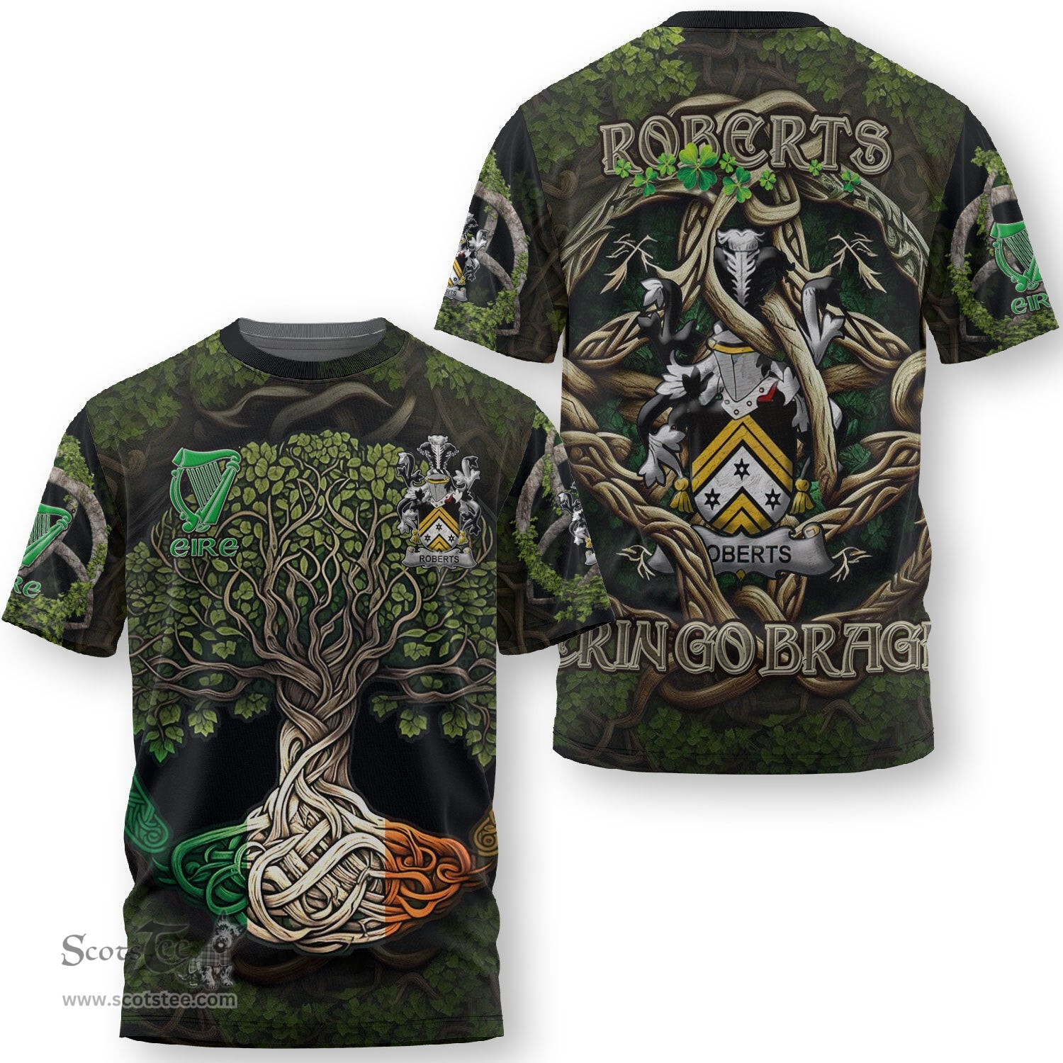 ScotsTee Shop Irish Roberts Coat of Arms Irish T Shirt Family Crest Irish Is My Root T Shirt
