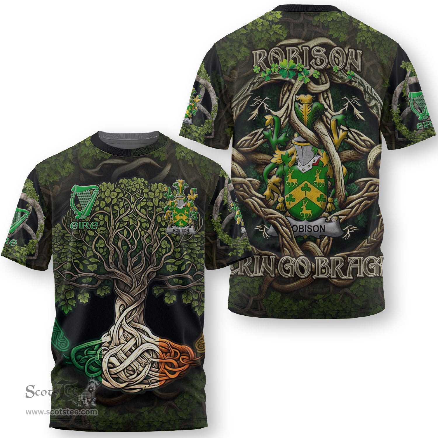 ScotsTee Shop Irish Robison or Robinson Coat of Arms Irish T Shirt Family Crest Irish Is My Root T Shirt
