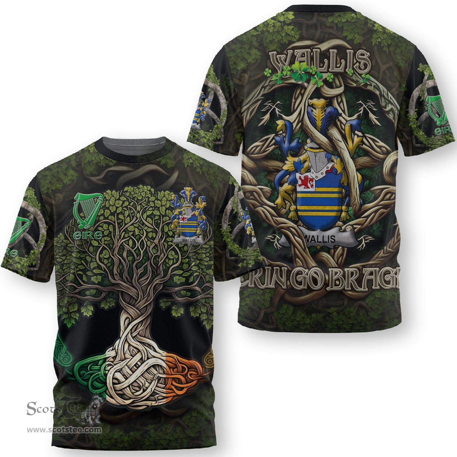 ScotsTee Shop Irish Wallis Coat of Arms Irish T Shirt Family Crest Irish Is My Root T Shirt