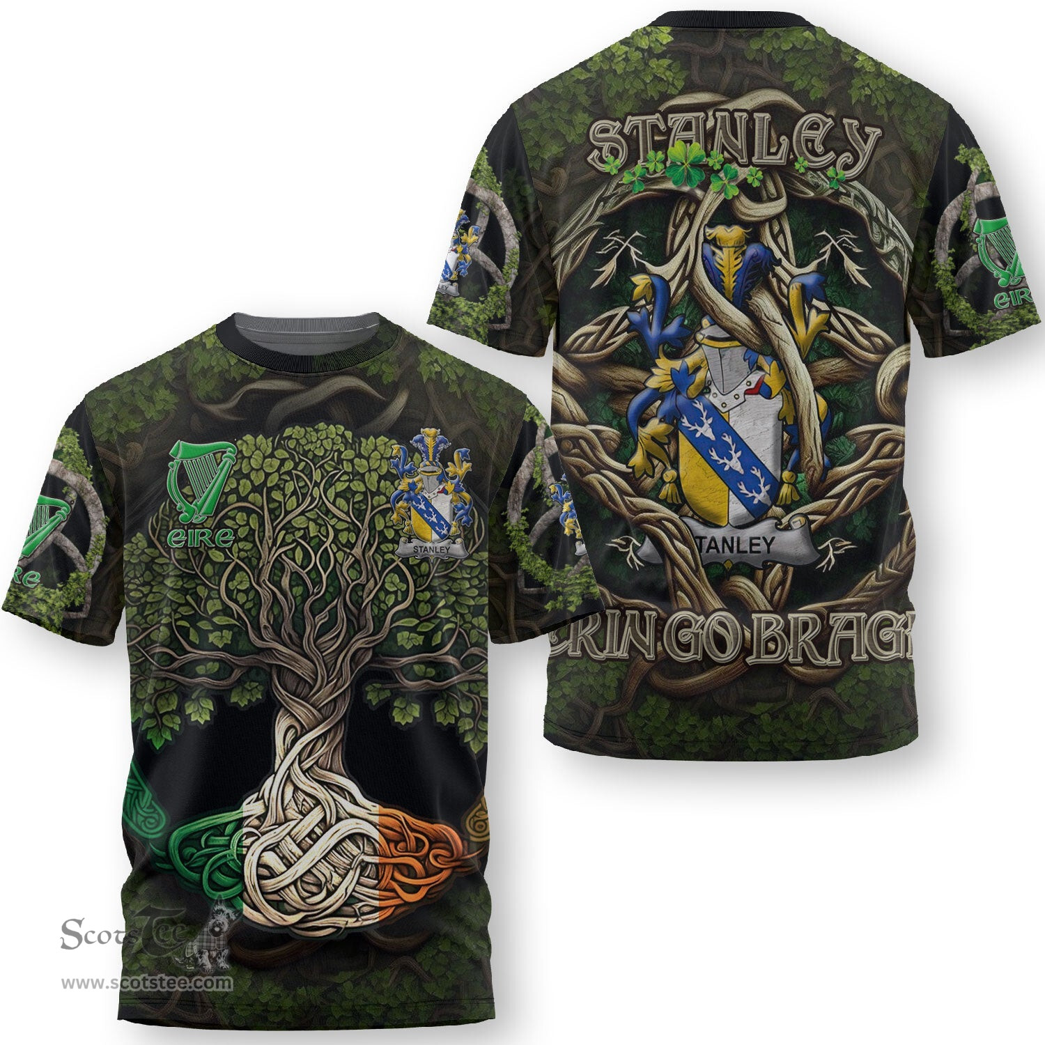 ScotsTee Shop Irish Stanley Coat of Arms Irish T Shirt Family Crest Irish Is My Root T Shirt