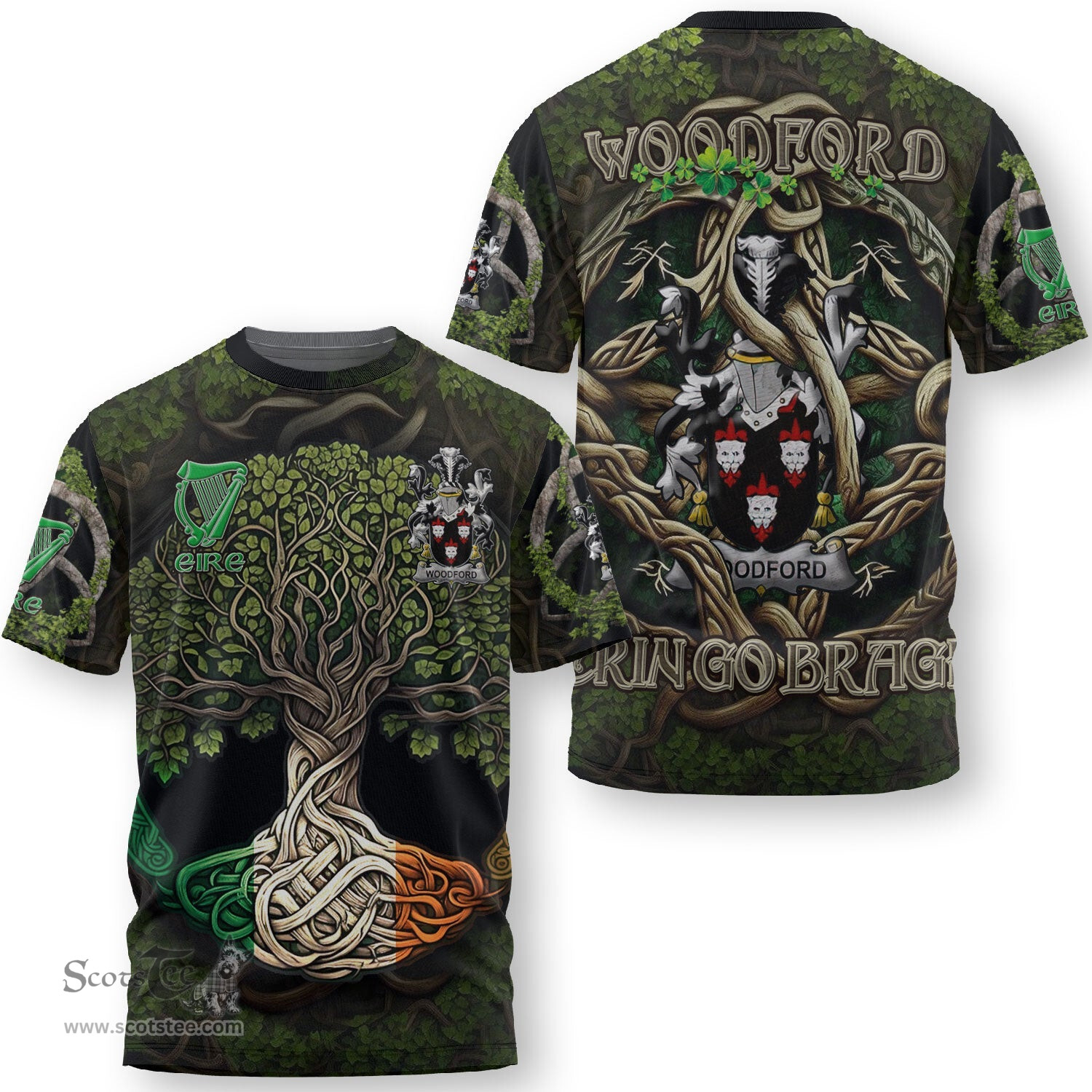 ScotsTee Shop Irish Woodford Coat of Arms Irish T Shirt Family Crest Irish Is My Root T Shirt
