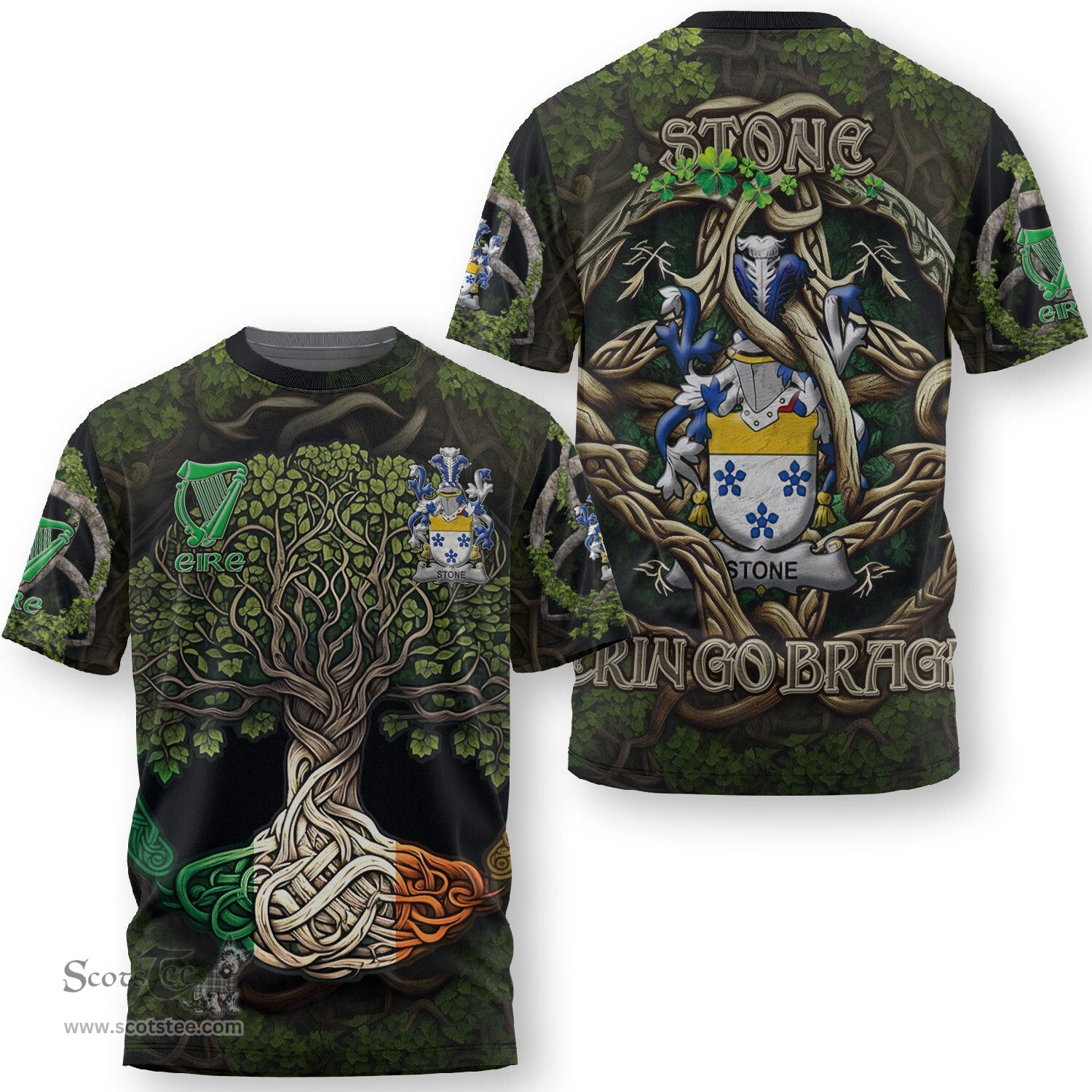 ScotsTee Shop Irish Stone Coat of Arms Irish T Shirt Family Crest Irish Is My Root T Shirt
