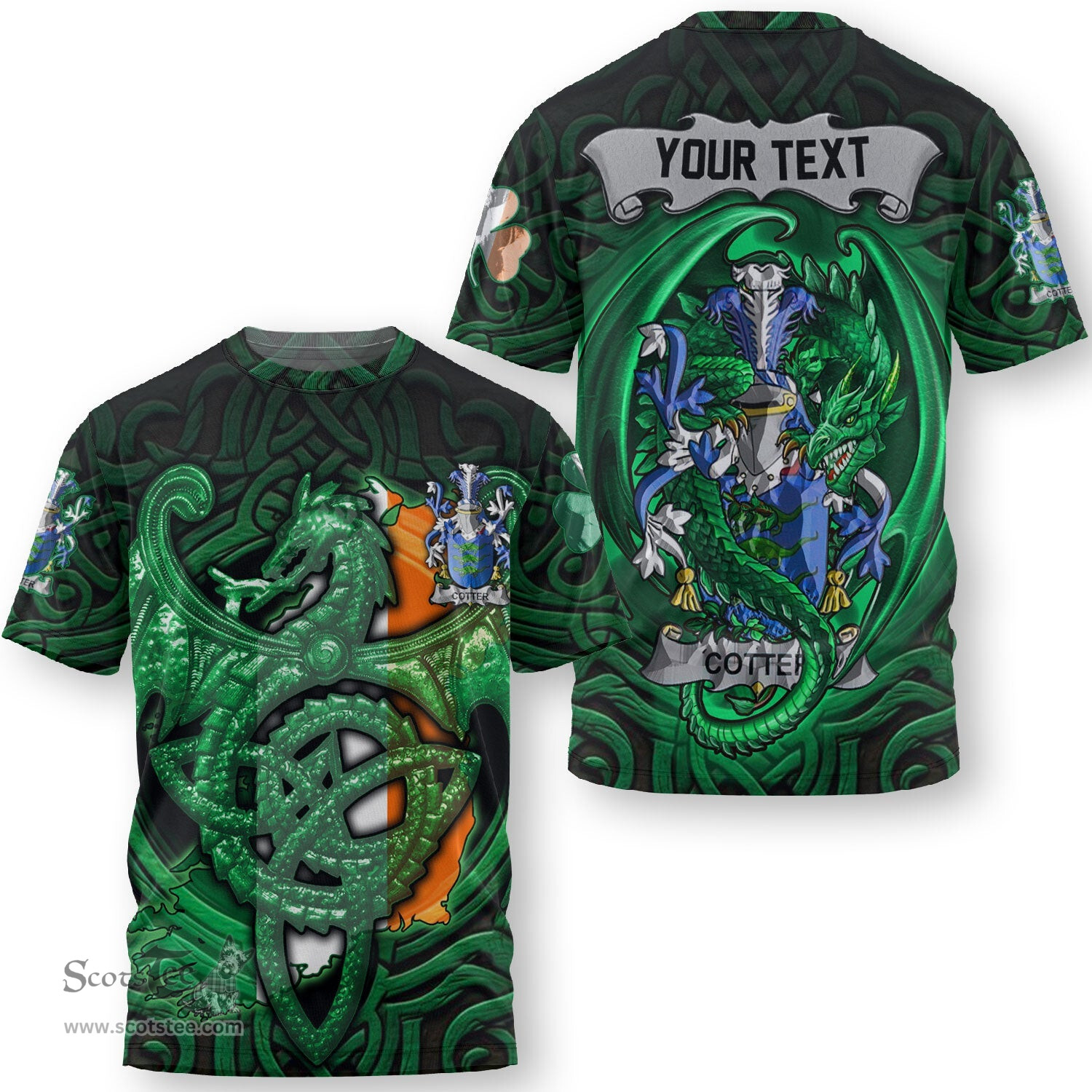 ScotsTee Shop Irish Cotter or MacCotter Coat of Arms Irish T Shirt Family Crest Green Dragon Of Ireland T Shirt