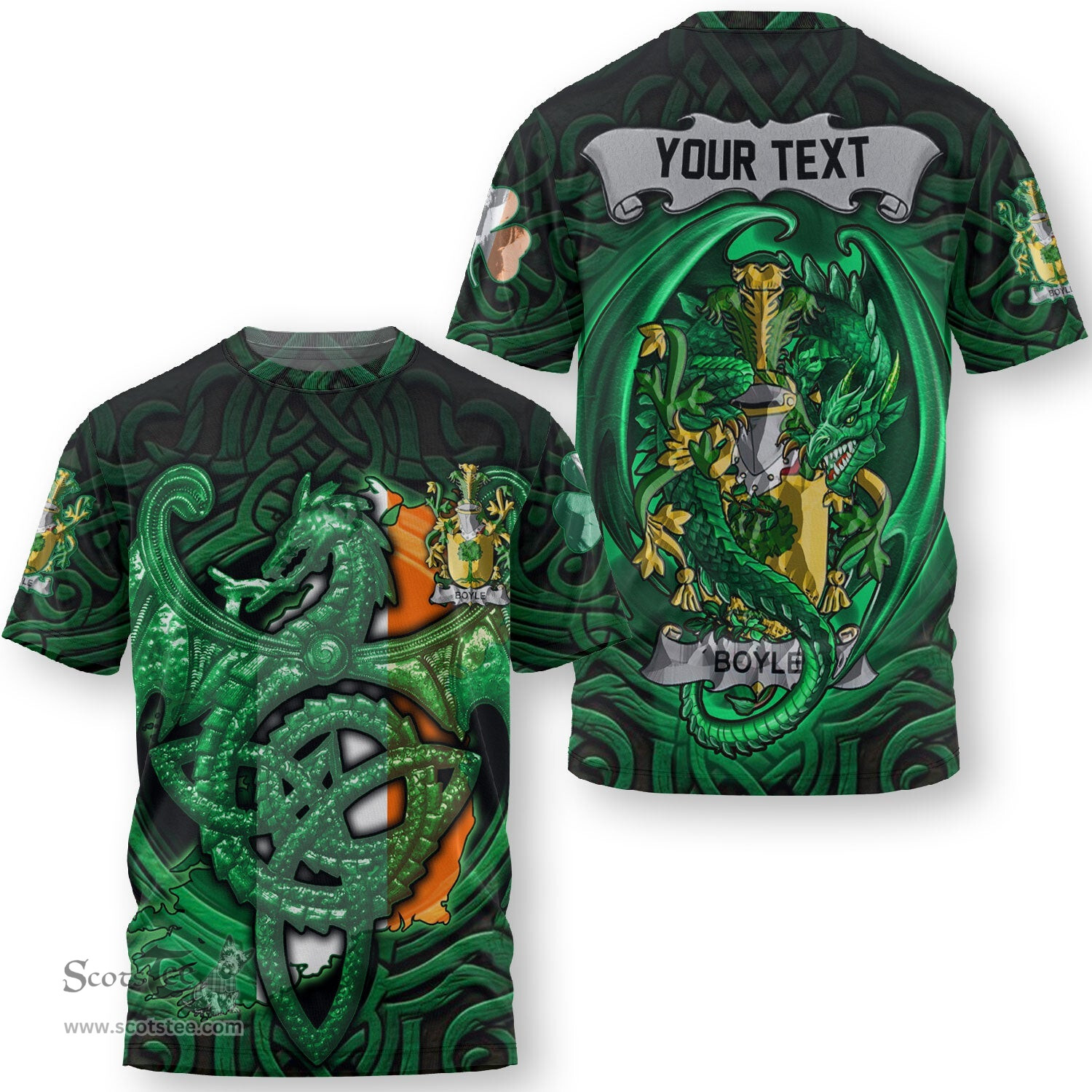ScotsTee Shop Irish Boyle or O Boyle Coat of Arms Irish T Shirt Family Crest Green Dragon Of Ireland T Shirt