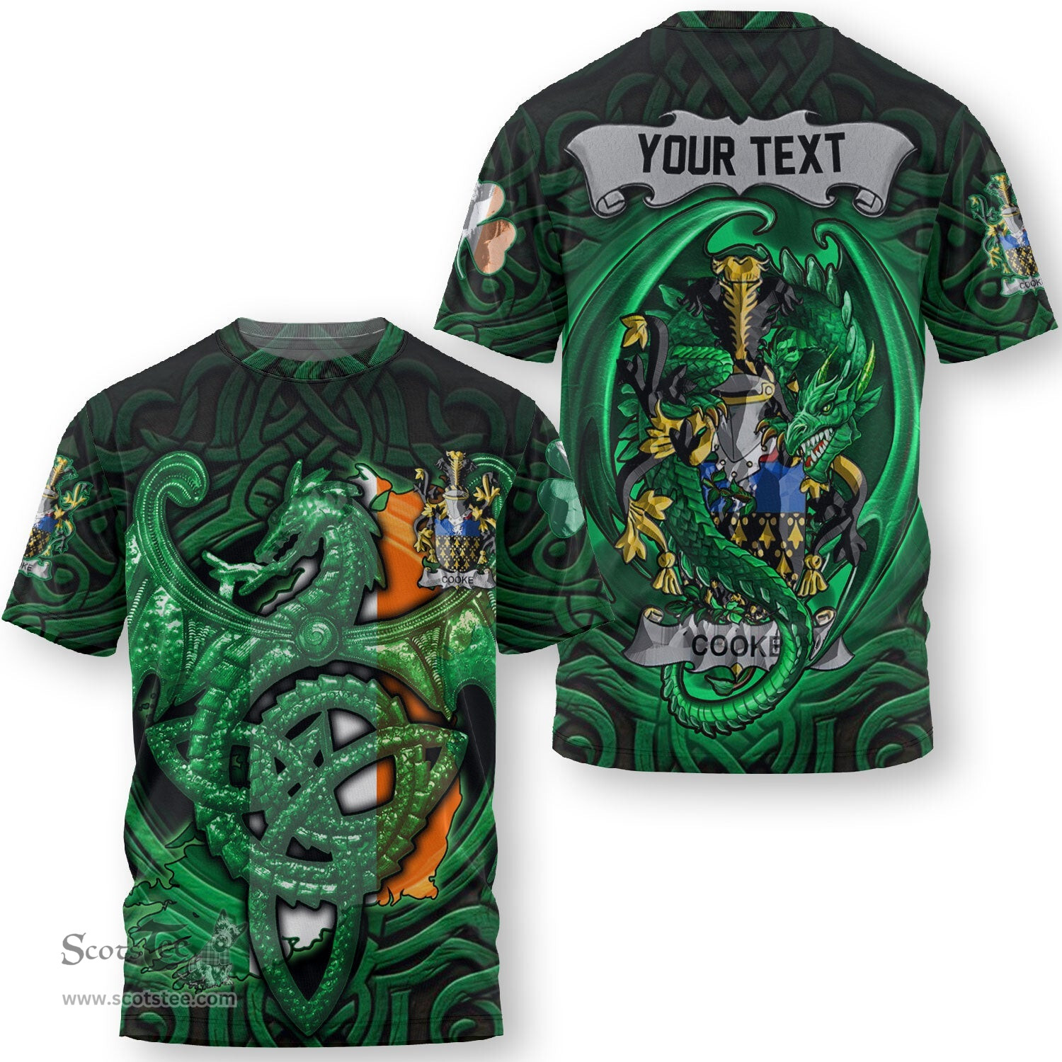 ScotsTee Shop Irish Cooke Coat of Arms Irish T Shirt Family Crest Green Dragon Of Ireland T Shirt