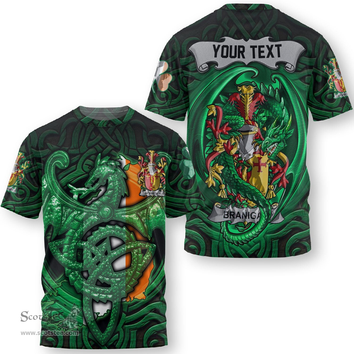 ScotsTee Shop Irish Branigan or O Branagan Coat of Arms Irish T Shirt Family Crest Green Dragon Of Ireland T Shirt