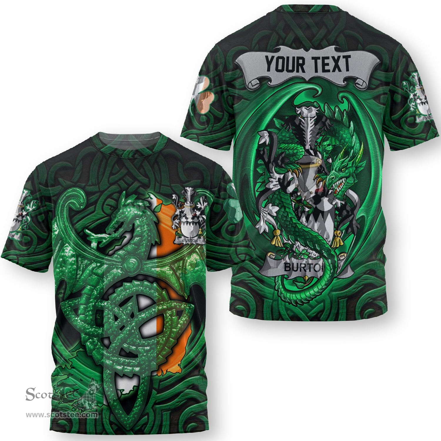 ScotsTee Shop Irish Burton Coat of Arms Irish T Shirt Family Crest Green Dragon Of Ireland T Shirt